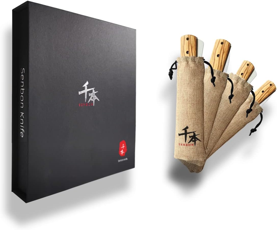 SENBON 440A stainless steel Gift wrapped 4 piece set sharp pocket folding Japanese chef knife universal peeling knife bread knife set portable kitchen knives with natural olive handle