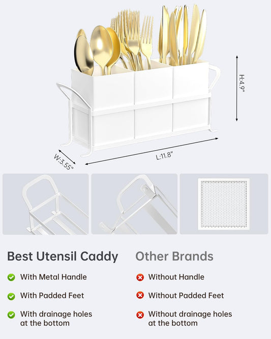 Silverware Caddy for Party, Metal Utensil Holder with Drain Holes, Spoons and Forks Cutlery Holder for Kitchen Countertop - White