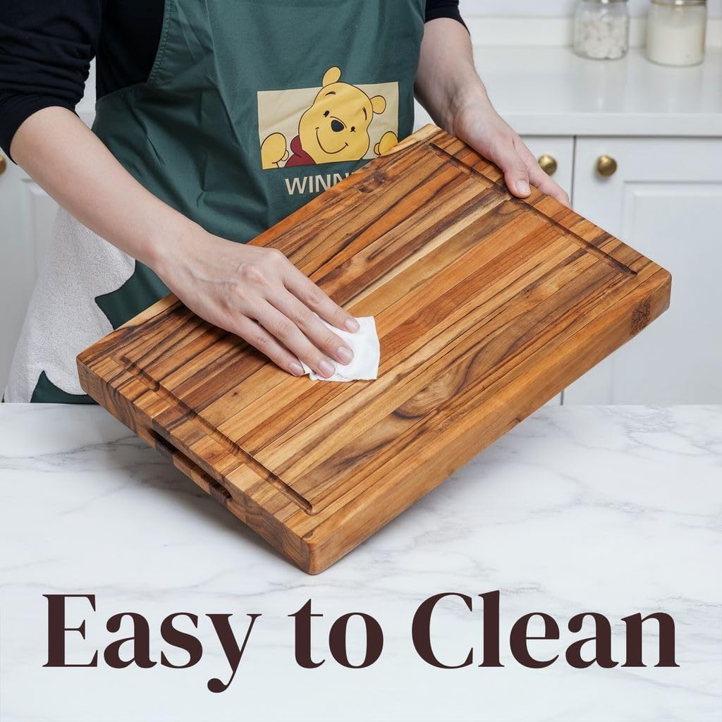Teak Wood Cutting Board 18" x 14" x 0.6", 2-Piece Set for Kitchen Meat & Food Prep - Large Thin Edge Grain, Deep Juice Groove, Lightweight Solid Hardwood, Non-Toxic, BPA Free by New M Way