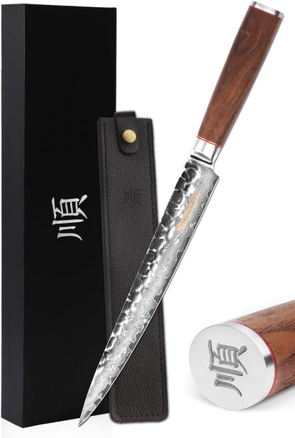 YOUSUNLONG Sakimaru Knife Ultimate Slice Carving Knife 15 inch(380mm) Japanese Damascus Steel Suitable for cutting tuna and salmon - Natural Walnut Handle With Leather Sheath and Gift box