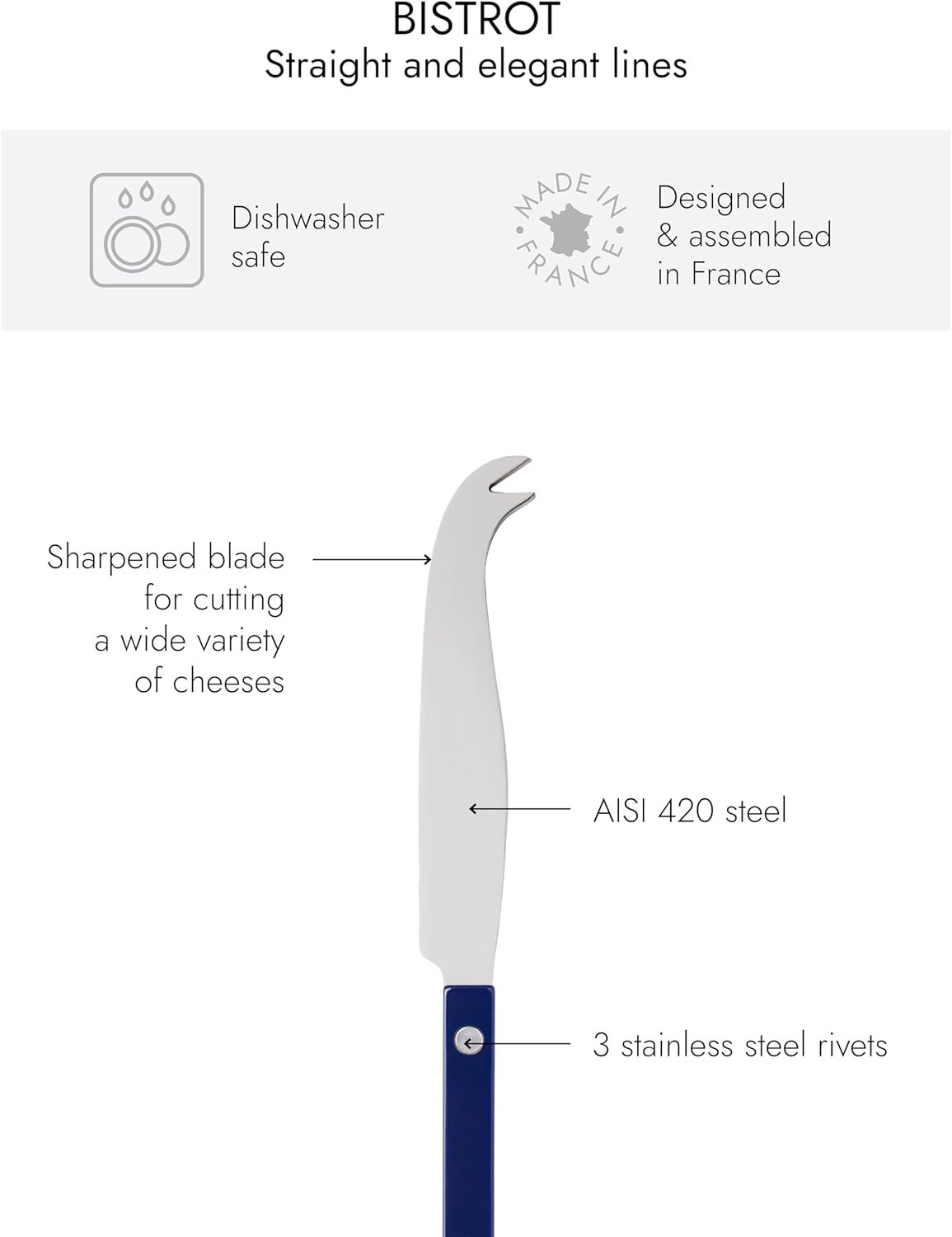 SABRE PARIS - Cheese Knife 9.4 inches - Bistrot Collection - All Cheeses - Stainless Steel & Nylon - Dishwasher Safe - Navy Blue - Brilliant Finish