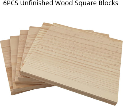 6PCS Unfinished Wood Square Blocks for Crafts, 6x6x1in Blank Wooden Squares Pine Wood Boards for Carving,DIY Wood Coasters,Painting & Burning