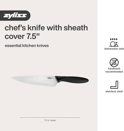 Zyliss Chef's Knife with Sheath Cover - Stainless Steel Knife - Fruit, Vegetable, Herbs & Meats Knife - Travel Knife with Safety Kitchen Blade Guards - Dishwasher & Hand Wash Safe - 7.25" - Black