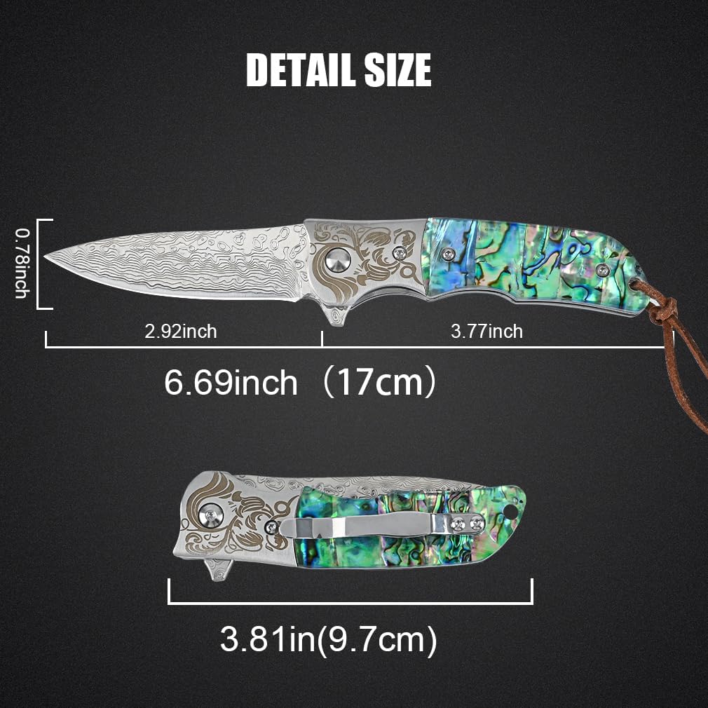 Damascus Pocket Knife with Sheath,3.54" Sharp Damascus Steel Blade Abalone Seashells Handle EDC Pocket Knives & Folding Knives for Outdoor Camping, Ideal Gifts for Men Women