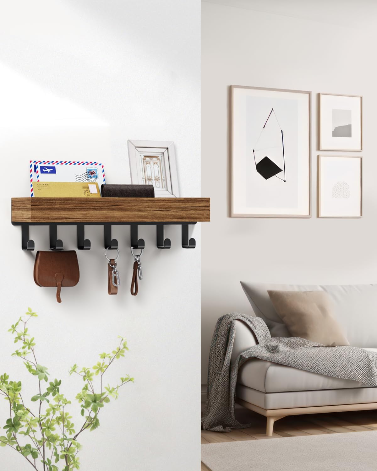 Key Holder Wall Mount Adhesive Magnetic - Hanging Key Hooks with Mail Organizer Tray for Wallet House - Keys Hanger Rack with Shelf for Camper Entryway Door Home Living Room Decor Large Black