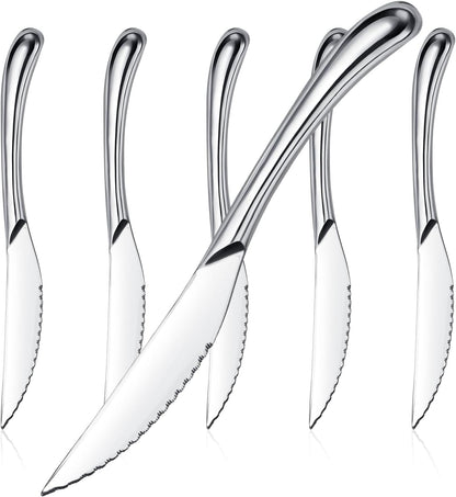 Nice Kitchen Steak Knives Set of 6, Sharp Serrated Steak Knives with Solid Handle, Premium High Carbon Stainless Steel Steak Knife Set