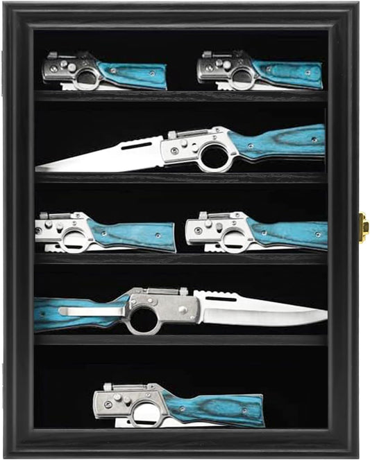 PiaoHao Knife Display Case with Lockable 98% UV Protection Acrylic Door, Wall Mount Wooden Military Folding Knife Display Stand, Pocket Knife Display Cases for Storage, Collection, Black Finish