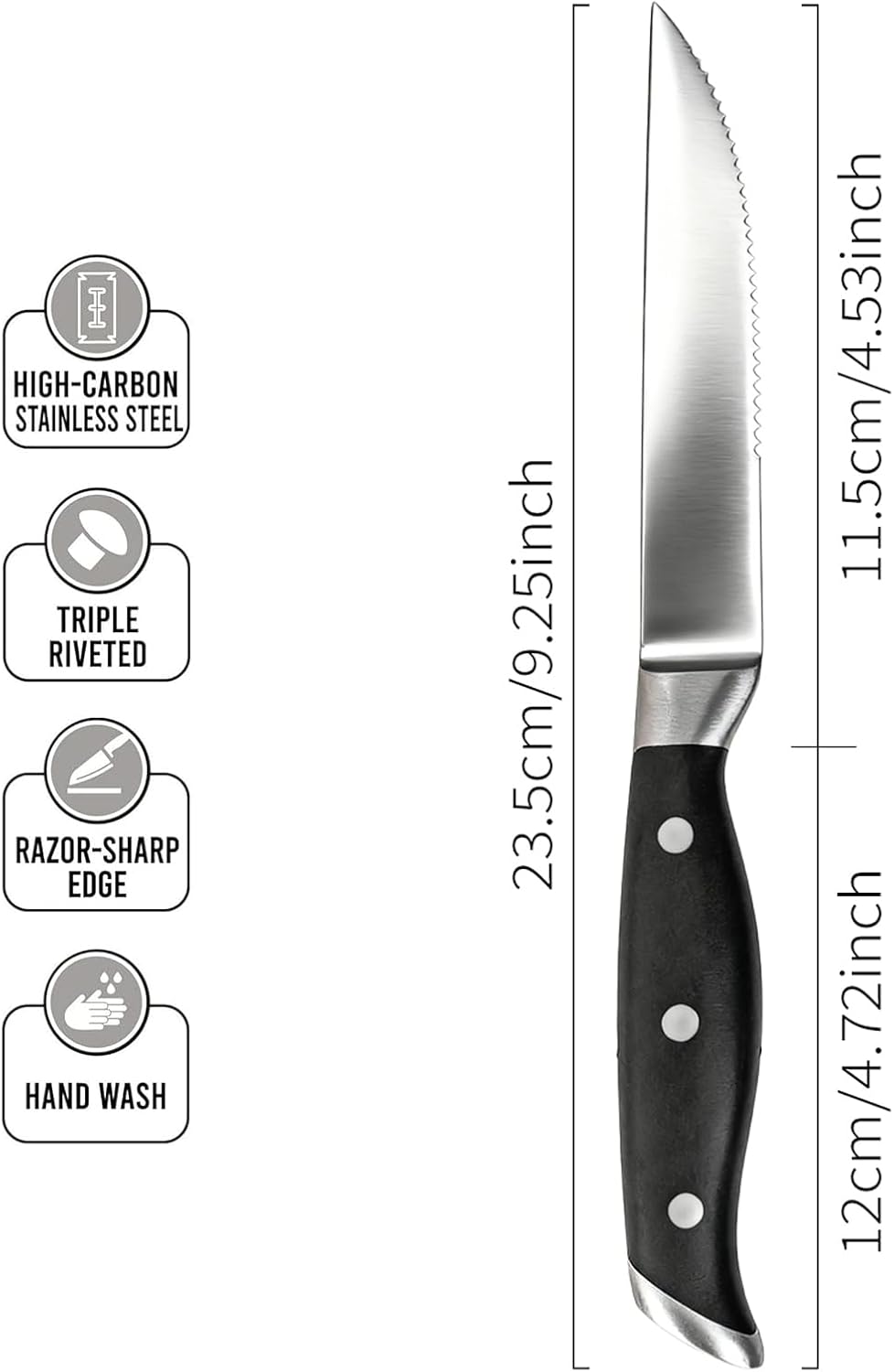 4.5 Inch Steak Knife Set of 4, Knives Set for Kitchen, Paring Knife, Stainless Steel Serrated Knife, Lacquered Wood, Black