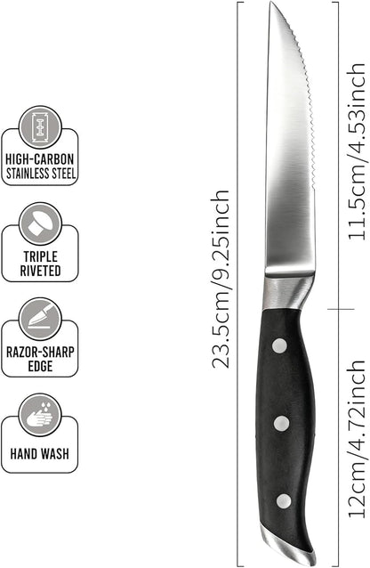 4.5 Inch Steak Knife Set of 4, Knives Set for Kitchen, Paring Knife, Stainless Steel Serrated Knife, Lacquered Wood, Black