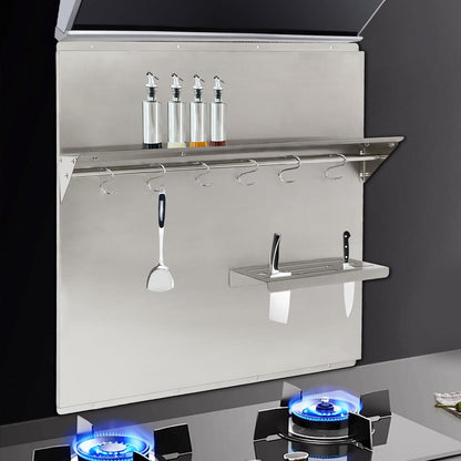 29.5x29.5 In Stainless Steel Range Backsplash with Shelf, Knife Rack, Hooks & Crossbar, Silver Splash Plate for Range Hood, Wall Mounted, Model: dbf6bcd2-8c68-4117-9b2b-8ed5c9e043a2