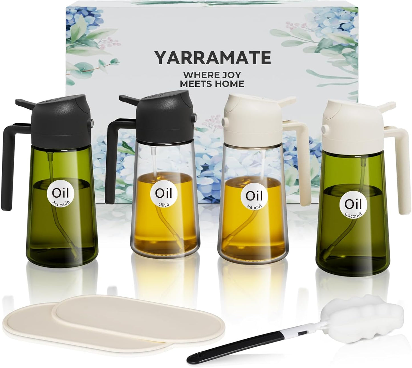 YARRAMATE 16oz/470ml Glass Olive Oil Sprayer for Cooking with Stickers, 2 in 1 Oil Dispenser for Kitchen Gadgets, Food Grade Premium Spray Bottle for Salad, Frying, BBQ (Creamy White)