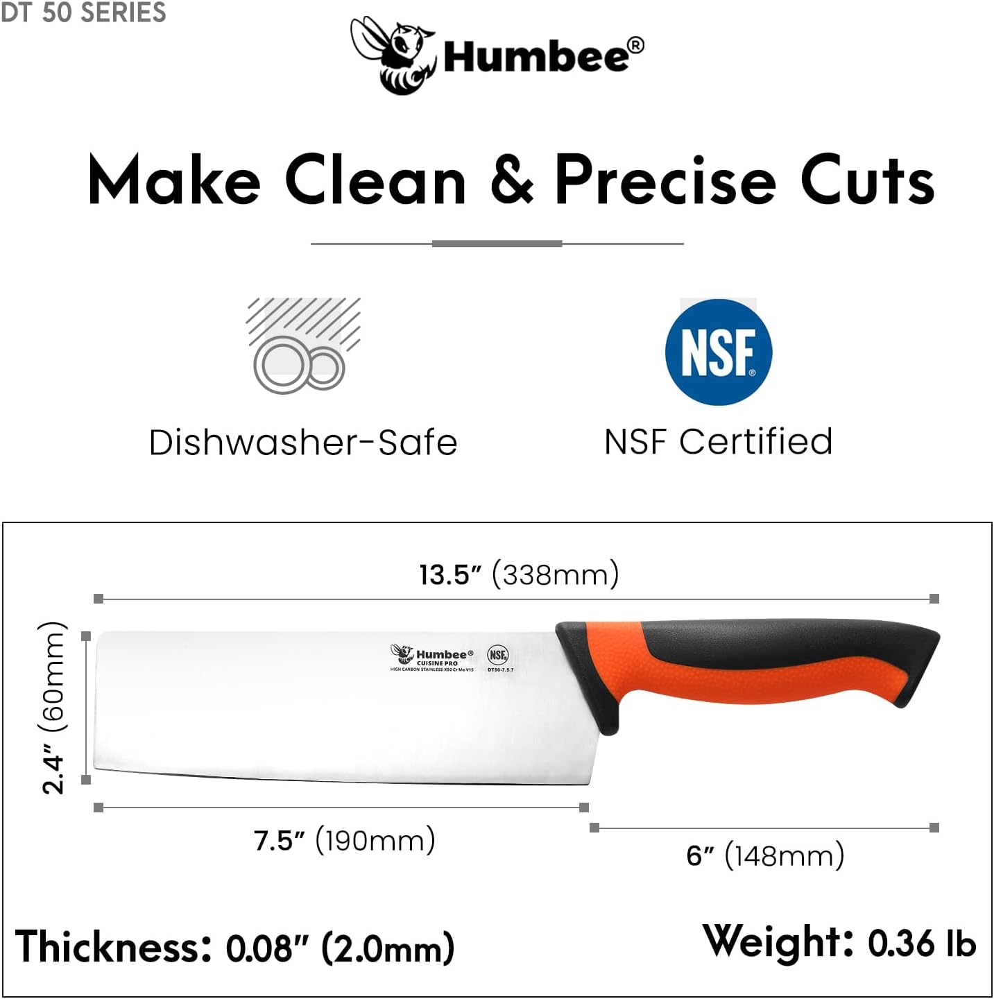 7.5-Inch Nakiri Knife, High Carbon Stainless Steel Hollow Grind Blade, Razor Sharp Edge, Ergonomic Non-Slip Handle, Cleaver Style, DT-50 Series, Orange