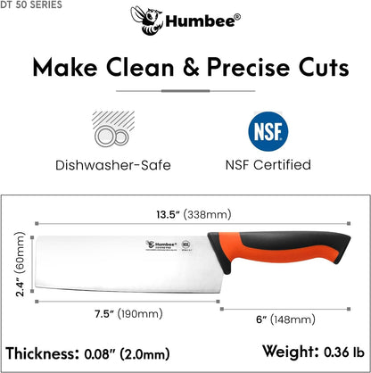 7.5-Inch Nakiri Knife, High Carbon Stainless Steel Hollow Grind Blade, Razor Sharp Edge, Ergonomic Non-Slip Handle, Cleaver Style, DT-50 Series, Orange