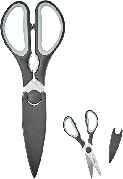 Tovolo Elements All Purpose Kitchen Shear with Cover Sheath Heavy Duty Meat Poultry Sharp Kitchen Utility Scissor Dishwasher Safe Soft Comfort Grip Silicone Handle Magnetic Sheath, Black & Blue Haze