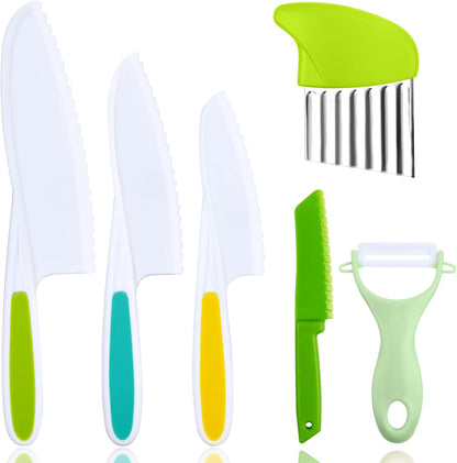 HOTUT Montessori Kitchen Tools,6Pieces Knives for Kids Nylon Kids Safe Cooking Knives Serrated Edges,Y Peeler For Cooking and Cutting Fruit,Suitable for Children and Beginners