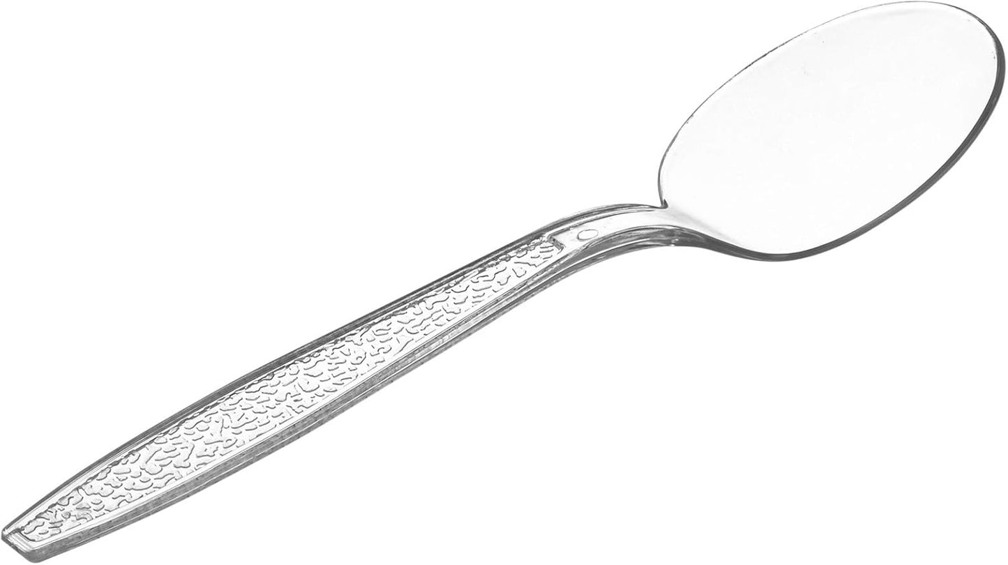 GUSTO [100 Pack Clear Plastic Knives Heavy Duty with Engraved Design - Disposable, Sturdy for Parties, Weddings, and Events-(Formerly Comfy Package)