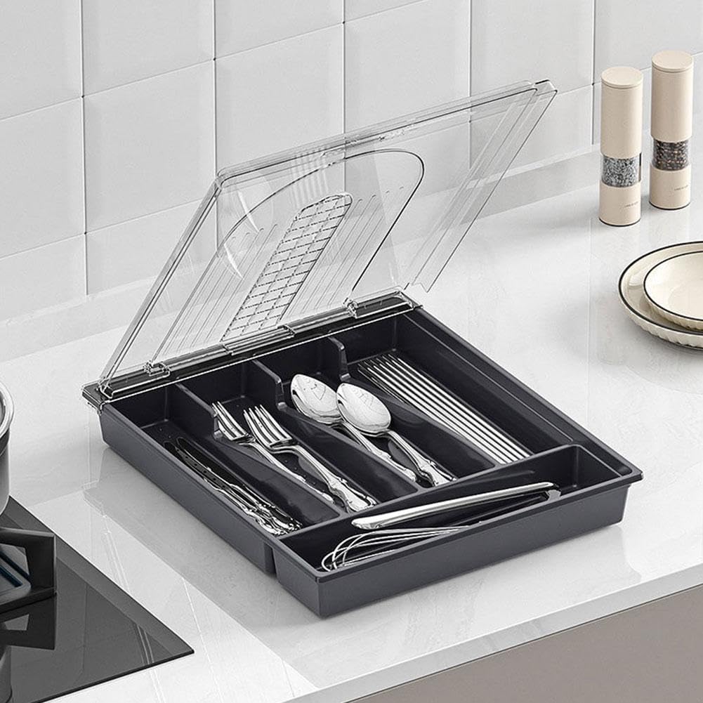 Flatware Storage Plastic Tray with Lid,Covered Utensil Tray for Kitchen Drawer and Countertop,Silverware Organizer Utensil Drawer Organizer Container with Cover for Spoon Fork Knife(black)