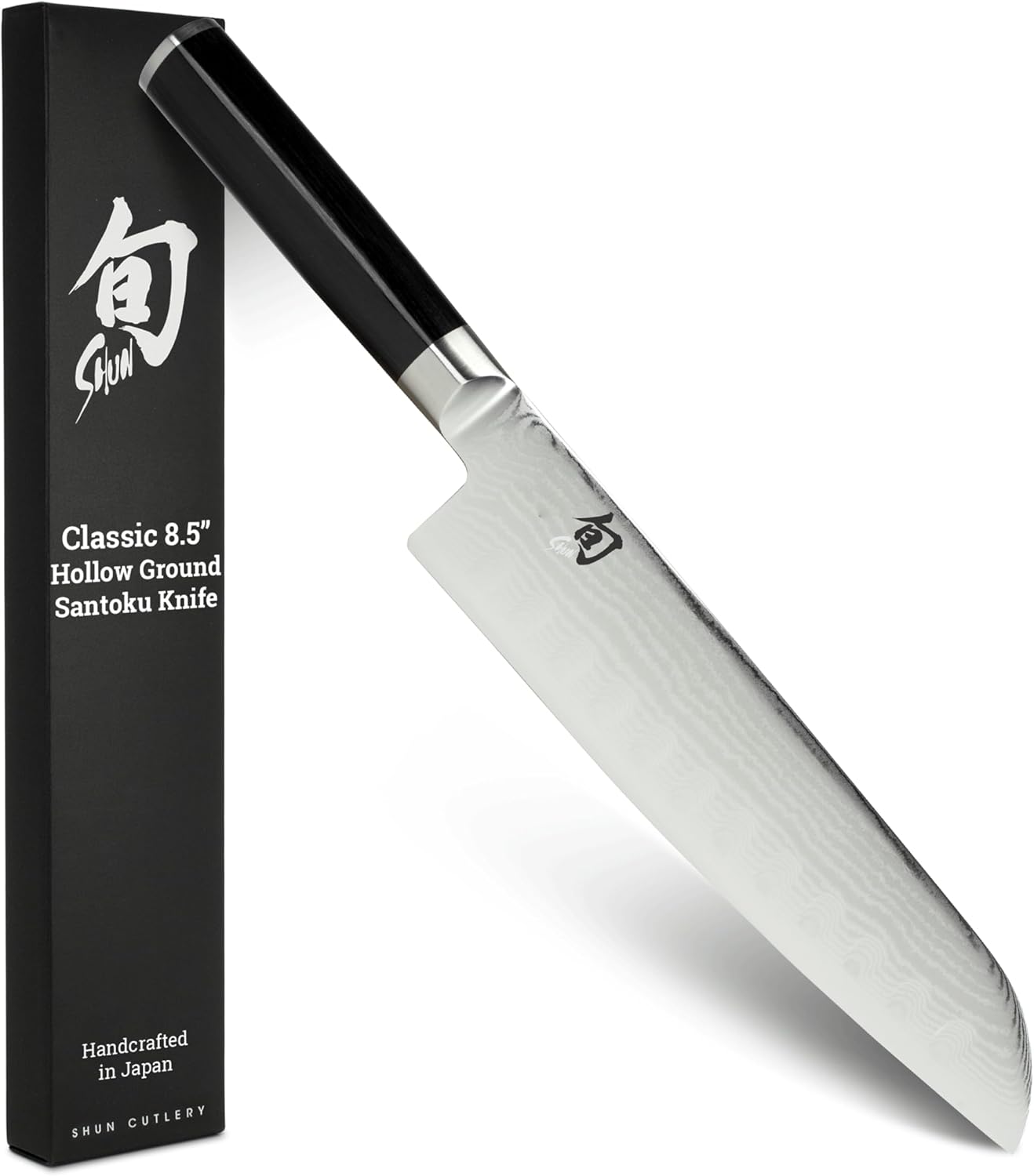 Shun Classic 8.5" Hollow Ground Santoku Knife, Handcrafted Japanese Cutting Knife, VG-MAX Core with Damascus Stainless Steel Cladding, Pakkawood Handle