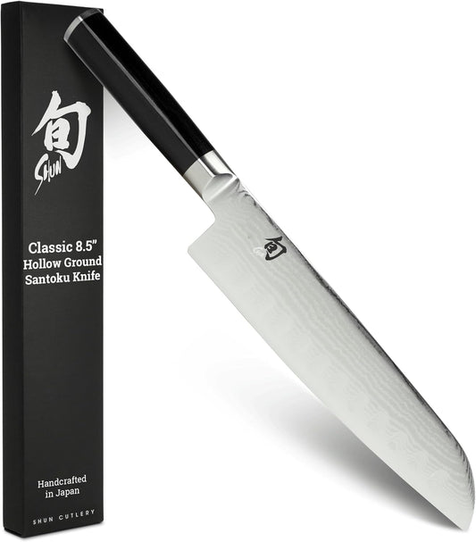 Shun Classic 8.5" Hollow Ground Santoku Knife, Handcrafted Japanese Cutting Knife, VG-MAX Core with Damascus Stainless Steel Cladding, Pakkawood Handle
