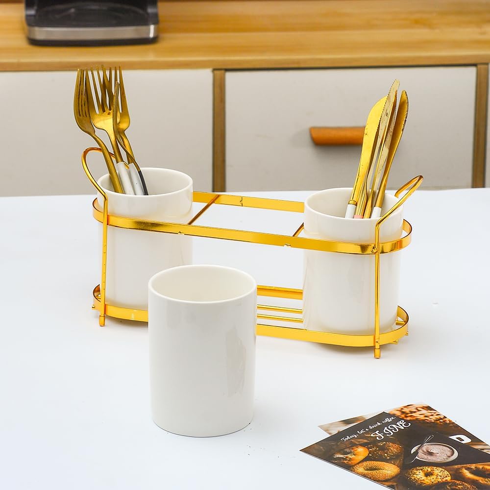 3-Piece White Ceramic Silverware Cutlery Holder with Black Metal Rack, Utensil Holder Flatware Caddy Cutlery Storage Organizer for Kitchen and Countertop (White)