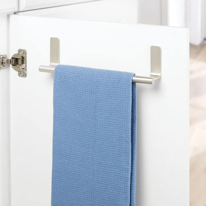 mDesign Steel Wall-Mounted Towel Rack Storage Holder - Self-Adhesive Space Saving Towel Bar for Bathroom, Kitchen - Holds Hand Towels - Stick on Doors or Cabinet - Omni Collection - 2 Pack - Satin