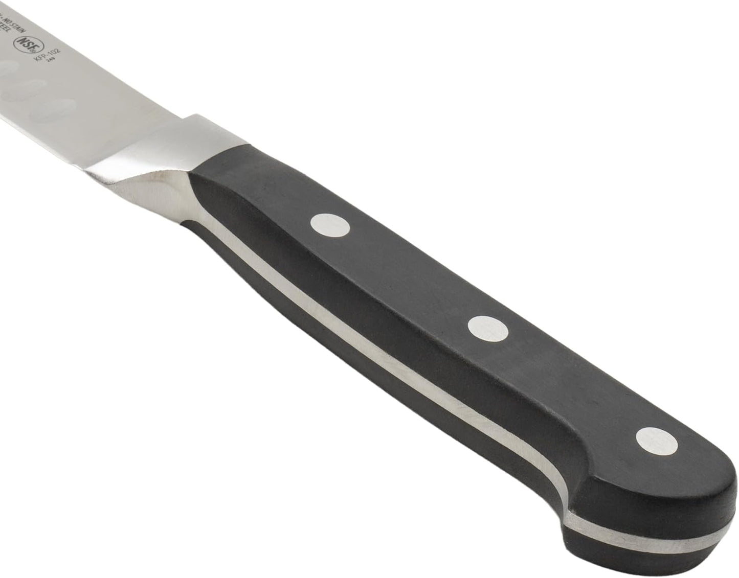 Winco 10" Fish/Roast Slicer w/Granton Edge, Triple Riveted, Full Tang Forged Blade