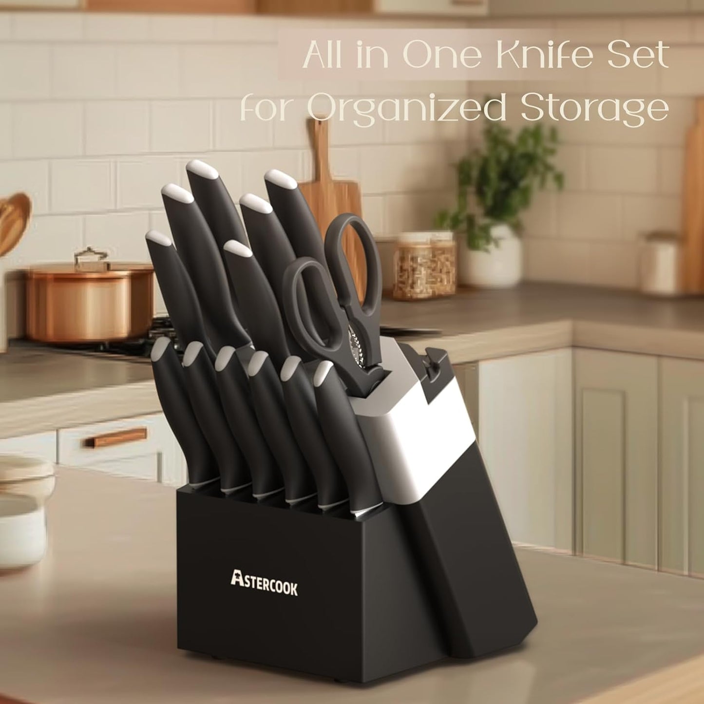 Astercook Knife Set, Kitchen Knives Set with Block and Sharpener 15 Pcs German Stainless Steel Knives Sharp Blade Dishwasher Safe Deba Knives with Ergonomic Handle, Crystal Pink