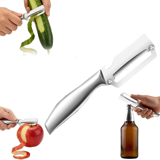 Multi-Functional Vegetable Peeler for Kitchen, Fruit Peeling Knife，stainless steel sharp blade with bottle opener, suitable for fruits and vegetables, pumpkin, sugar cane. (Wooden handle)