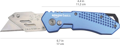 Amazon Basics Folding Utility Knife Box Cutter with Locking Mechanism, Quick Change Blade, Lightweight Aluminum Body, Holster, Light Blue