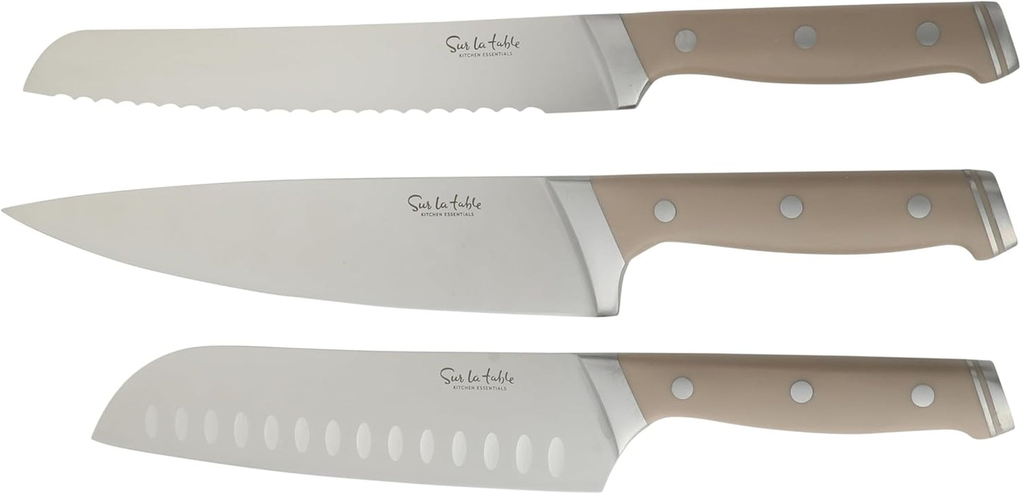 Sur La Table Kitchen Essentials Knife Set with Block, 14-Piece Forged German Steel Kitchen Knives, Beech Wood Block, Chef, Santoku, Bread & Steak Knives, Shears & Sharpener – Linen White