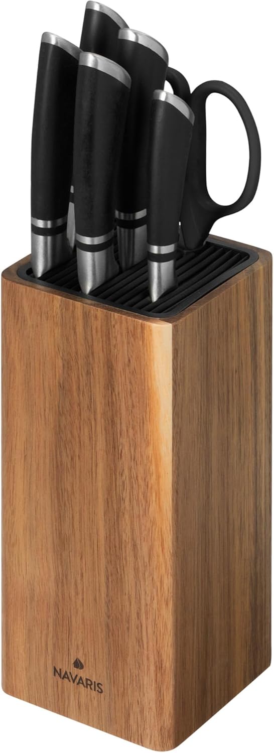 Navaris Universal Knife Block Holder - Rubber Wood Stand with Bristles to Fit Different Sizes of Knives - Angled Design, 9.8" x 5.9" x 4.1’" - Black