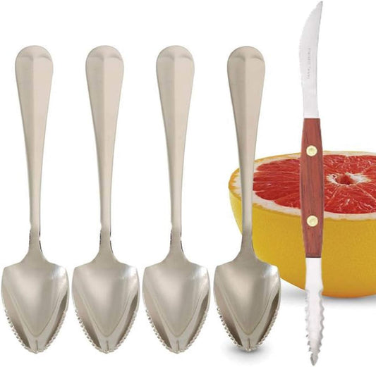 HIC Harold Import Co. 5 Pc Kitchen Grapefruit Spoons and Squirtfree Grapefruit Knife Set includes 4 Spoons with Pointed Tip and Serrated Edge and 1 Twin-Blade Serrated Sectioning Knife