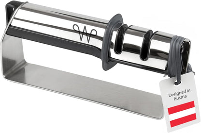 WERTA Knife Sharpener Stainless Steel - 3-Stage Knife Sharpening - Ideal for Chef Knife & Kitchen Knive - Left & Right-Handed Use - Premium Quality