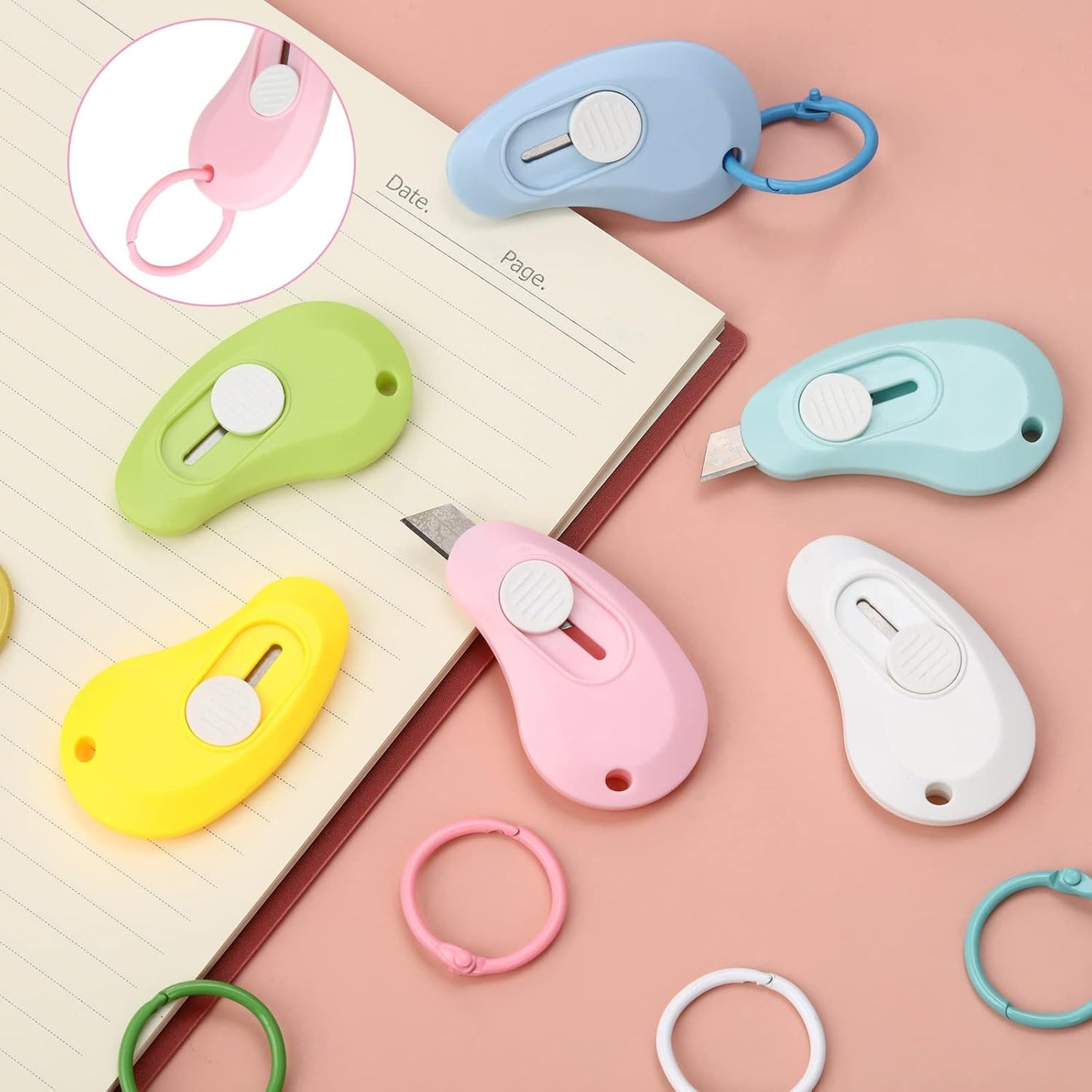 6 Pieces Mini Keychain Box Cutter Small Cute Utility Knife Box Cutter Retractable Letter Opener Pocket Knives Portable Colorful Mini Slides Open for Packages Letter Boxes Paper Cutting DIY