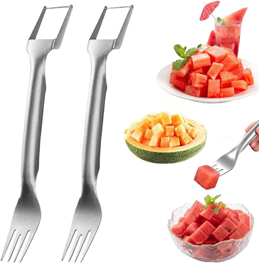 2 Pack 2-in-1 Watermelon Fork Slicer Cutter, Summer Stainless Steel Watermelon Fruit Cutter, Portable Fruit Forks Slicer Knife Kitchen Gadgets for Family Parties Camping (2pc)