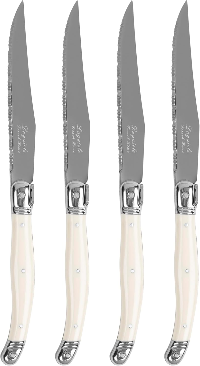 French Home Laguiole Connoisseur 4-Piece Steak Knife Set – Stainless Steel with Pearl White Handles, Etched Detailing & Napoleon Bee Emblem – Serrated Knives for Smooth Cutting (9.25")