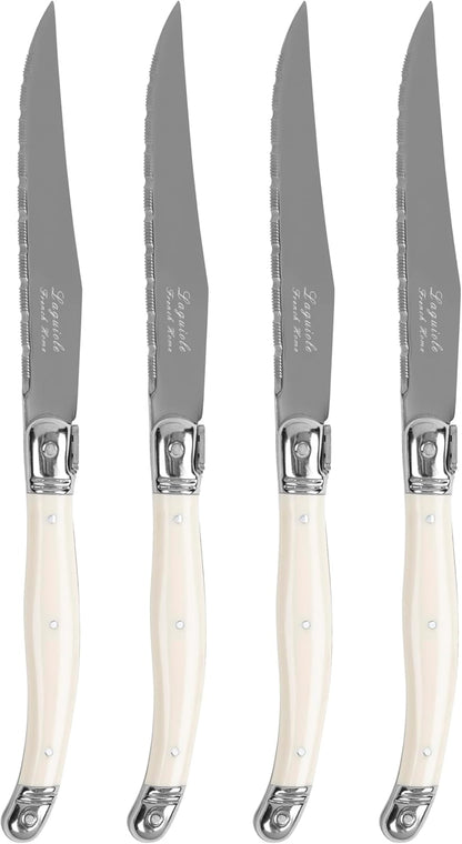 French Home Laguiole Connoisseur 4-Piece Steak Knife Set – Stainless Steel with Pearl White Handles, Etched Detailing & Napoleon Bee Emblem – Serrated Knives for Smooth Cutting (9.25")