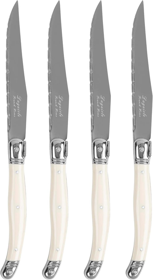 French Home Laguiole Connoisseur 4-Piece Steak Knife Set – Stainless Steel with Pearl White Handles, Etched Detailing & Napoleon Bee Emblem – Serrated Knives for Smooth Cutting (9.25")