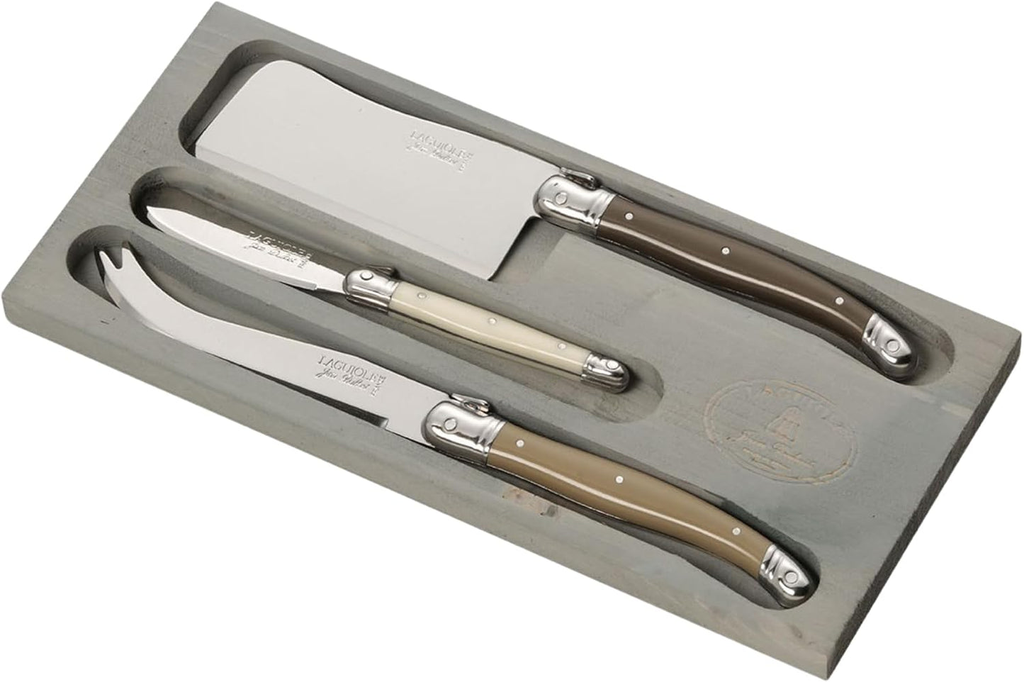 Jean Dubost Laguiole 3-Piece Cheese Knife Set, Stainless Steel Handles - Rust-Resistant Stainless Steel - Includes Wooden Box - Made in France
