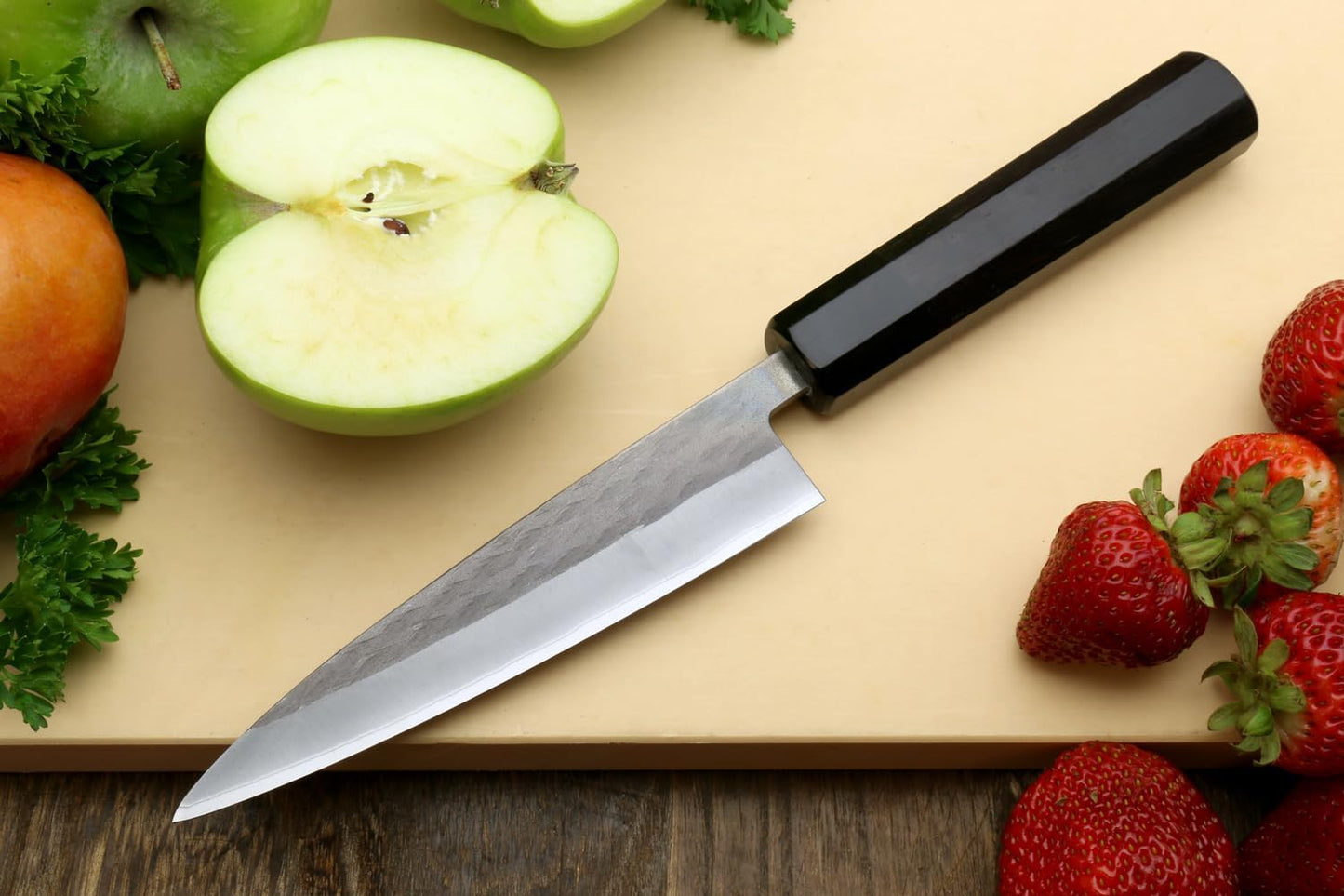 Yoshihiro Kurouchi Black-Forged Blue Steel Stainless Clad Santoku Chefs Knife and Petty Utility Knife 2pc Set Ebony Handle (Santoku 165mm / Petty 135mm & Saya Cover)