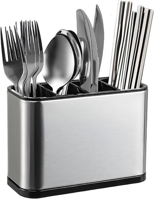 Universal Knife Block, 3-in-1 Stainless Steel Knife Holder and Utensil Holder, Extra Stable Non-Slip Base Kitchen Organizer for Countertop Storage, Space Saving Caddy for Knives, Spoons, Fork
