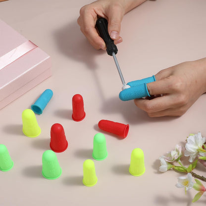 12 PCS Silicone Finger Protectors Covers, 3 Sizes Rubber Finger Tips Office Thumb Guard Sleeves Fingers Thimbles Cots for Hand Sewing Hot Glue Embroidery Cutting Ironing (Yellow Red Blue Green)
