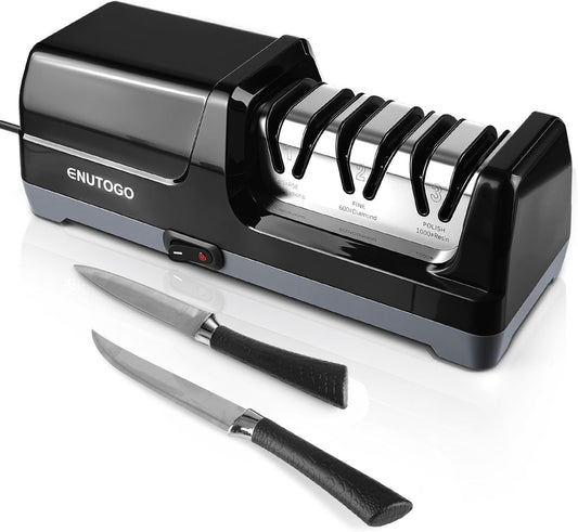 Enutogo Knife Sharpener, Professional 3-Stage Electric Knife Sharpener for Kitchen Knives, 100% Diamond Abrasive for 20° Precision Angle Guide, Quickly Sharpening and Polish Blades