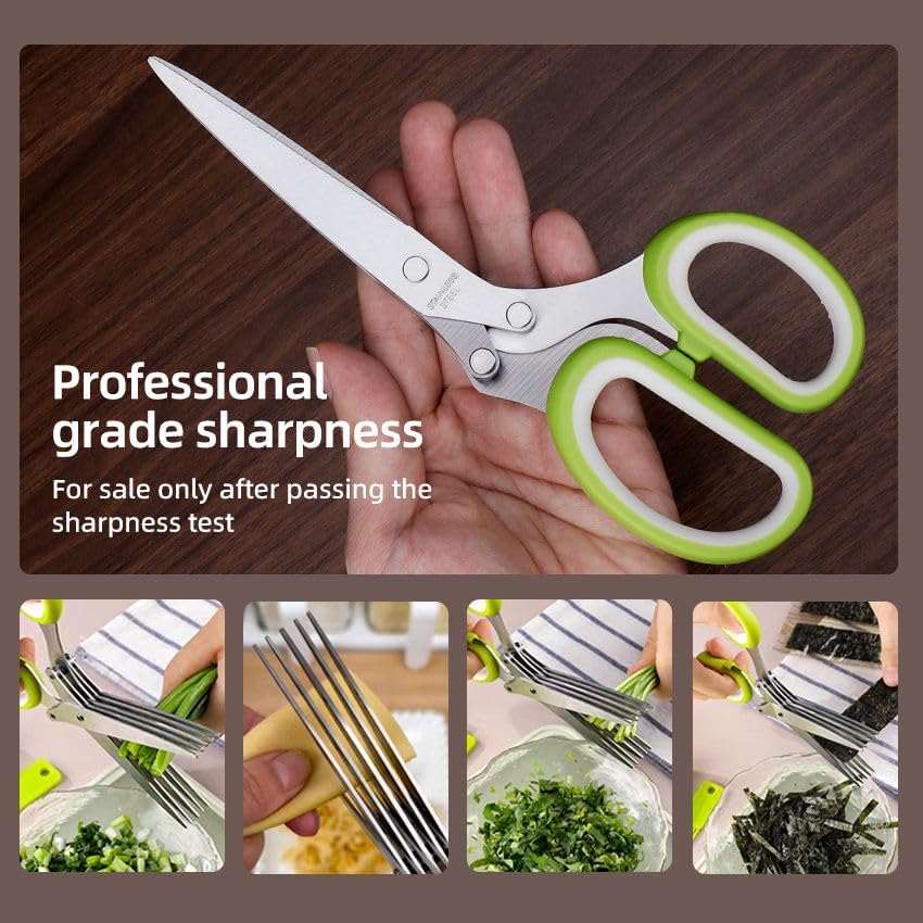 Herb Scissors with 5 Sharp Stainless Steel Blades, for Cutting Chives, Parsley, Basil and more, Includes Cleaning Comb and Safety Cover (Green)