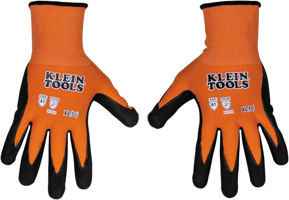 Klein Tools 60581 Work Gloves, Knit Dipped Cut Resistant ANSI A1 Nitrile Coated Gloves, Nylon-Spandex, Touchscreen Capable, Large, 2-Pair
