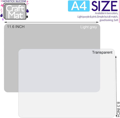 LEOBRO Silicone Mats for Crafts, 2 Pcs 11.69" x 8.26" Silicone Mats for Resin, Paint Clay Play Dough Mat, DIY Arts and Crafts, Light Gray & Clear