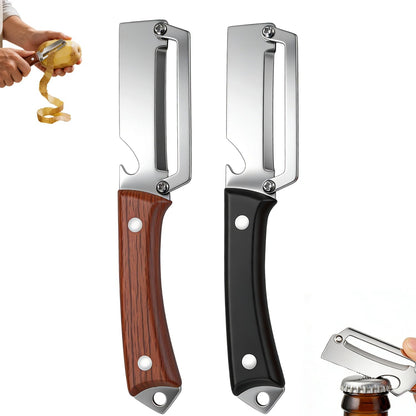 2PCS Premium Vegetable Peeler with Wooden Handle and Bottle Opener, Multifunctional Vegetable Peeler, 2-In-1 Stainless Steel Blade Peeler Knife for Potato Fruit Pineapple Pumpkin Papaya Carrot (A)