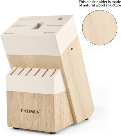Kitchen Knife Set,14-Piece Knife Set With Block Wooden, Self Sharpening For Chef Knife Set, High Carbon German Stainless Steel Hammered Collection Knife Block Set, Dishwasher Safe Cutlery, Cream