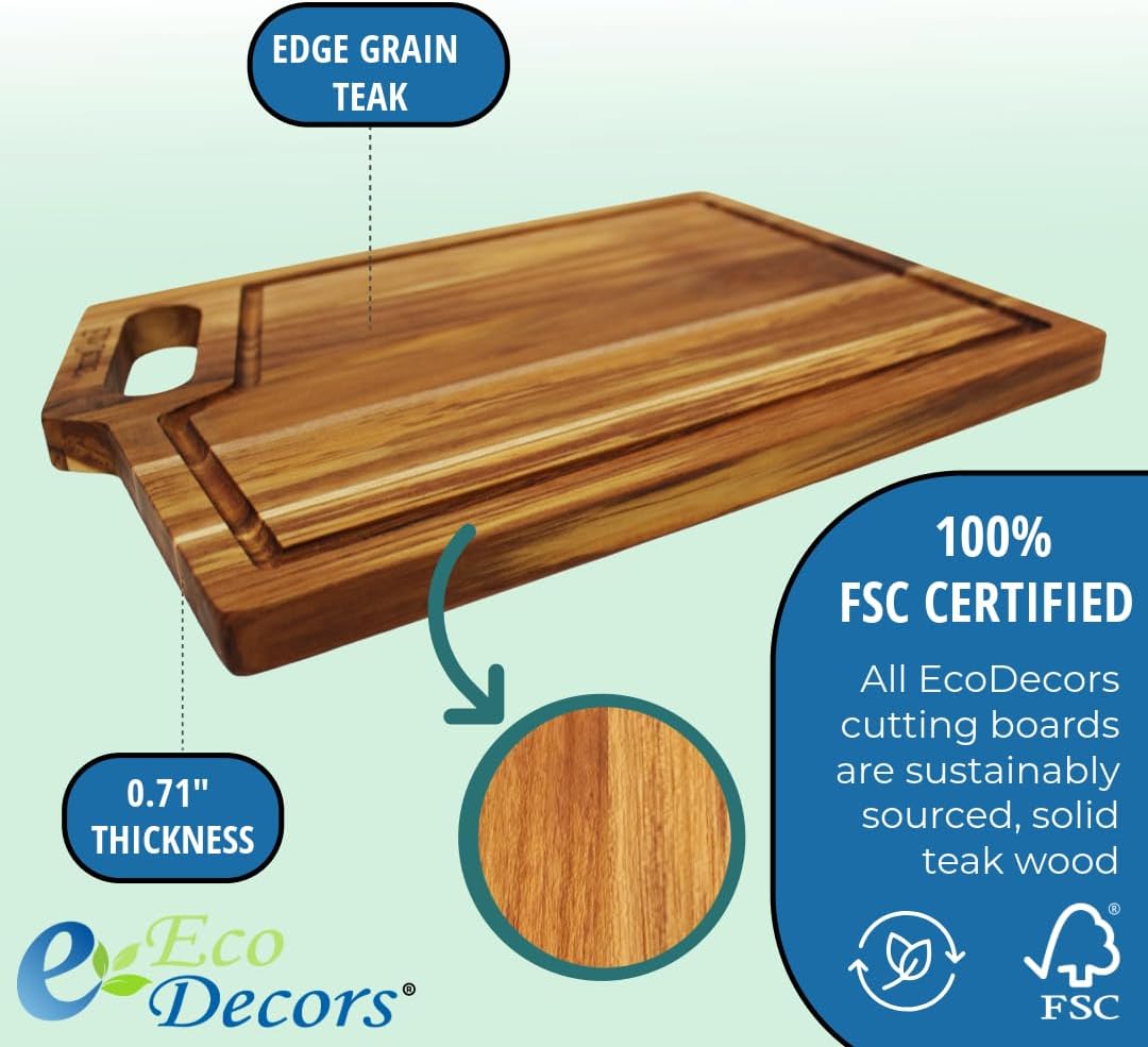 EcoDecors 18"x14" Extra Large Teak Cutting Board, Edge Grain Wood with Juice Groove & Handle, FSC Certified for Kitchen, Carving & Butcher Block Prep
