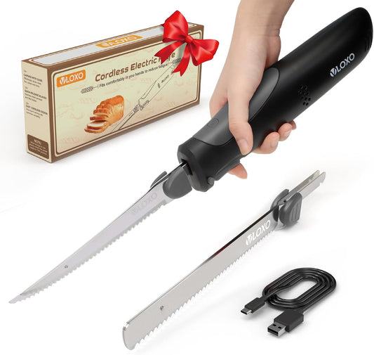 VLOXO Cordless Electric Knife, Rechargeable Electric Carving Knife with 2 Ti-Nitride S.S. Coated Non-Stick Blades Non-Slip Handle Safety Lock for Meat Slicing Fish Fillet Bread Turkey